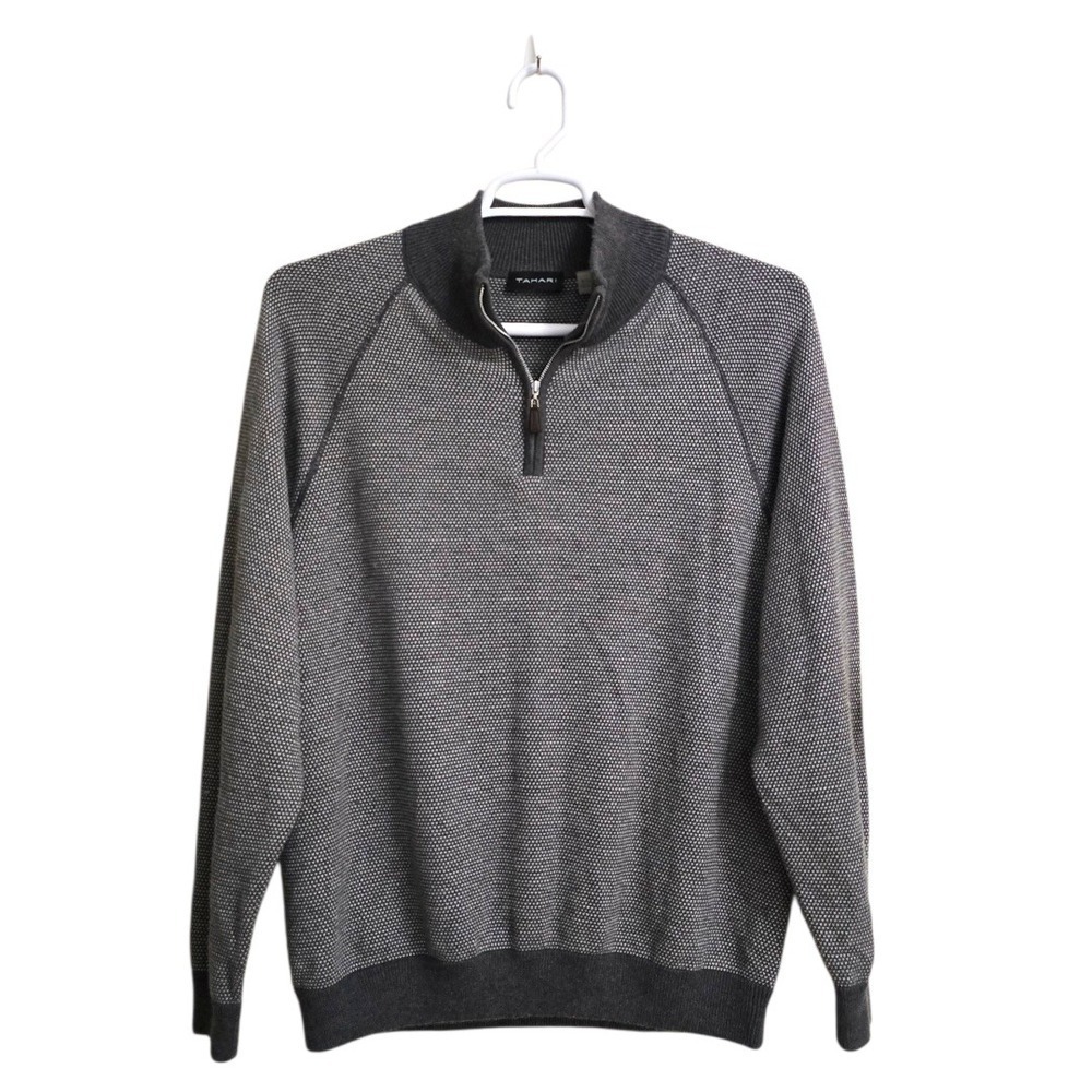 Tahari Gray & White Wool Blend Quarter Zip Pullover Sweater Sz XL